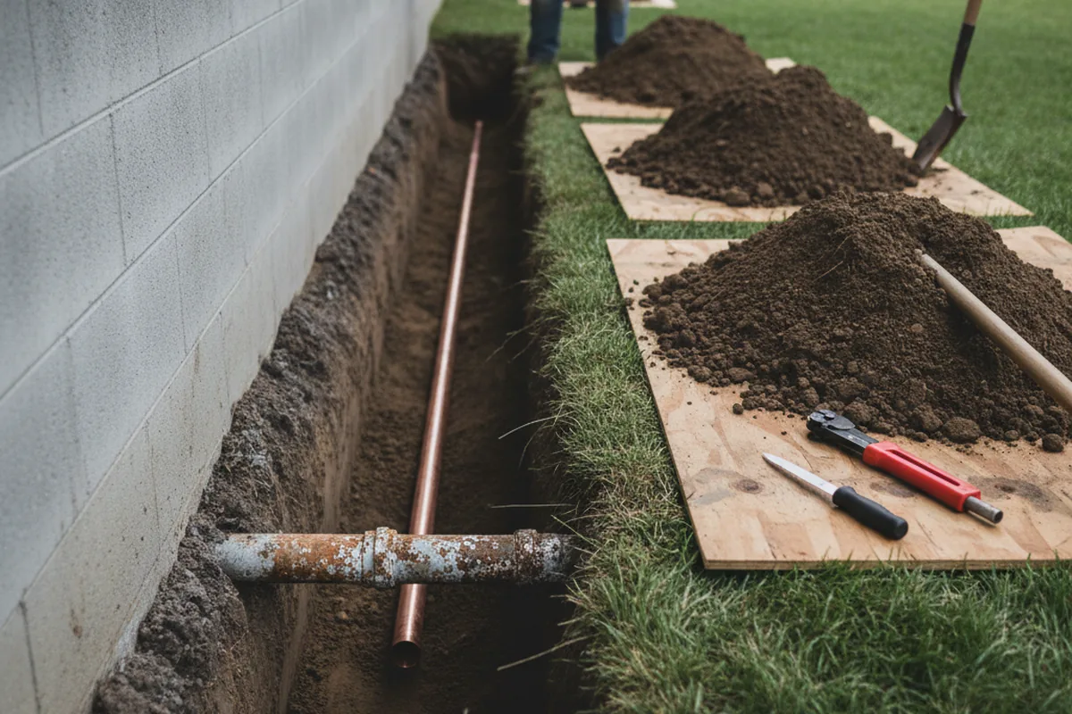 Excavated water line trench during Water Softener Installation in Barataria